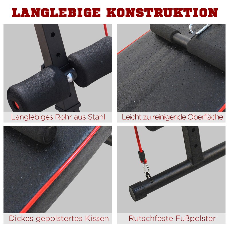 Korkeussäädettävä monitoiminen harjoituspenkki vatsalle ja selälle, teräsrunko, musta–punainen