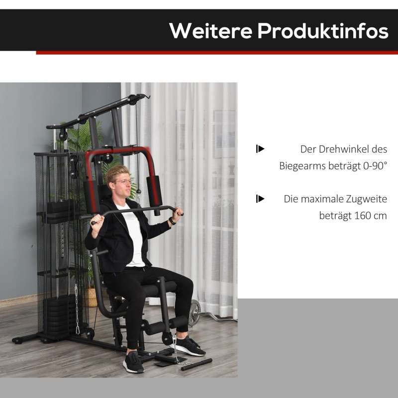 Kotikuntosalin monitoimi voimaharjoitteluasema latvavedolla ja 45 kg painopakalla, musta