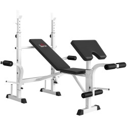 Voimaharjoittelupenkki kotiin teräsrunko selkänojan ja tangon korkeussäädöllä musta valkoinen
