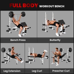 Voimaharjoittelupenkki kotiin teräsrunko selkänojan ja tangon korkeussäädöllä musta/valkoinen