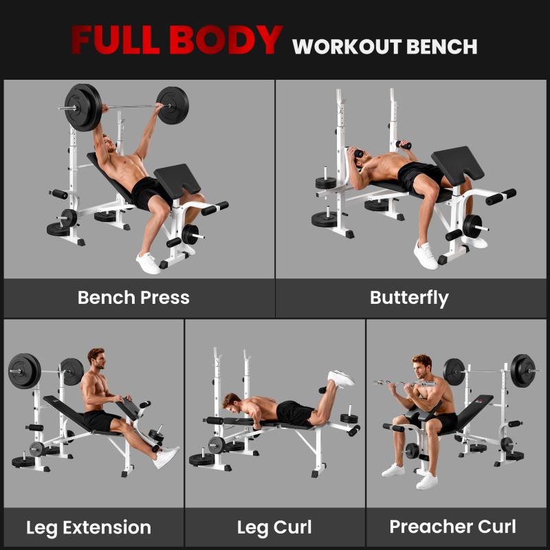 Voimaharjoittelupenkki kotiin teräsrunko selkänojan ja tangon korkeussäädöllä musta/valkoinen
