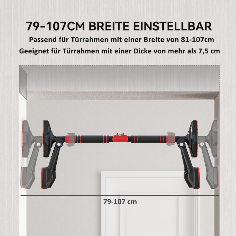 Säädettävä leuanvetotanko oveen 80–110 cm, metallia, kantavuus 225 kg, musta/punainen