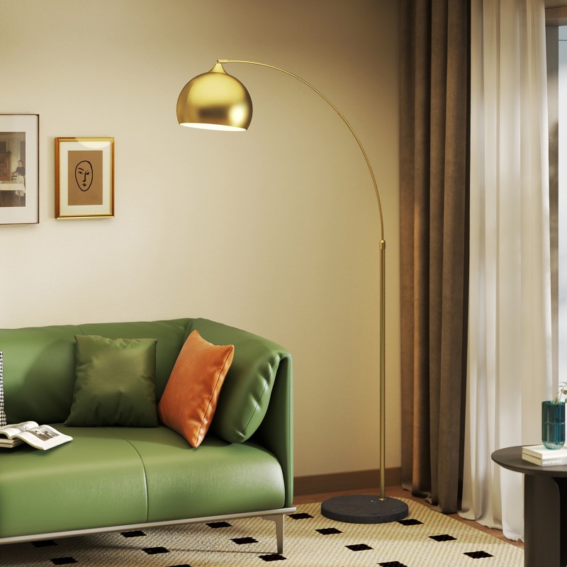 Kaarimallinen lattiavalaisin, säädettävä korkeus 170–180 cm, marmorijalka, kulta/musta