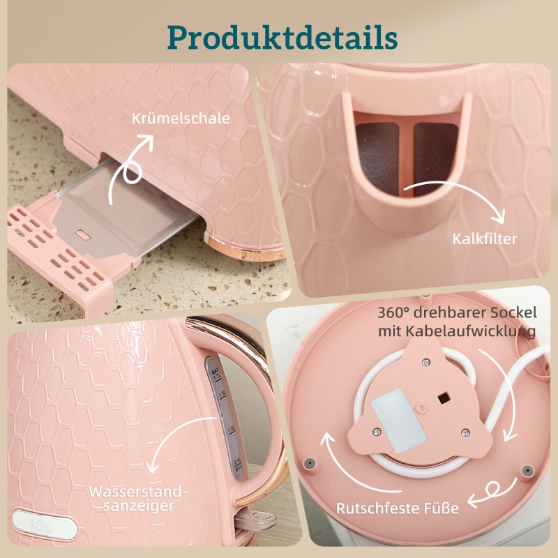 Vedenkeitin ja leivänpaahdin setti 1,7 L 2200 W 2 viipaletta vaaleanpunainen
