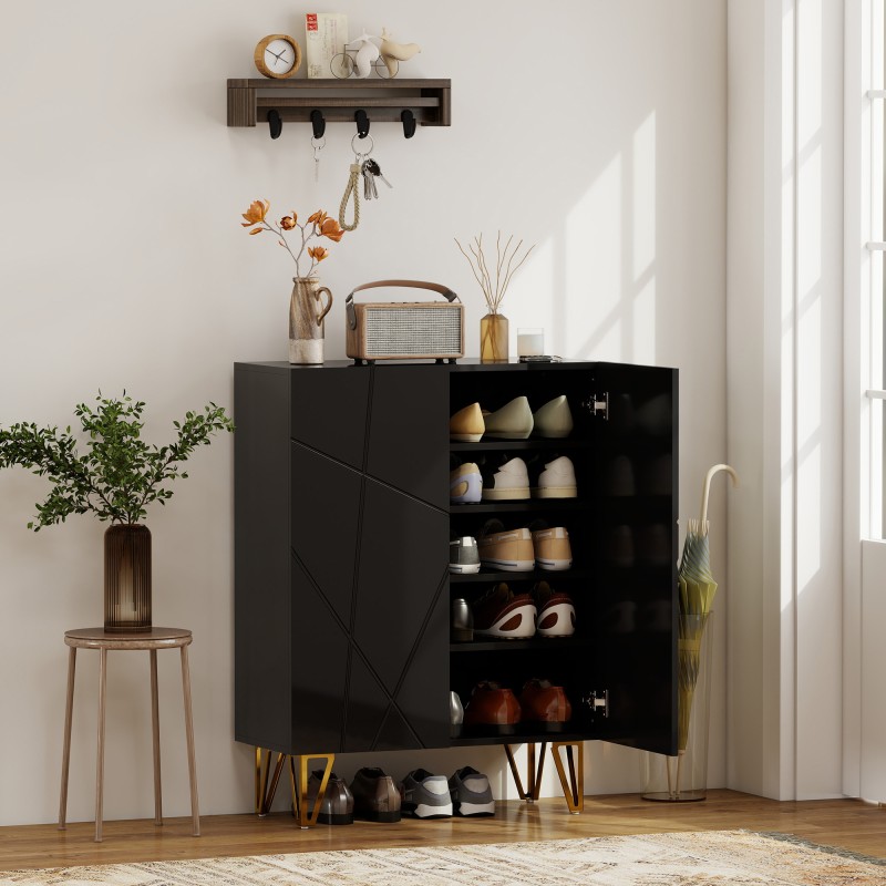 Kenkäkaappi 2-ovinen, 5 hyllyä joista 3 säädettävää, lastulevy ja teräsjalat, 72 x 31,5 x 95 cm, musta