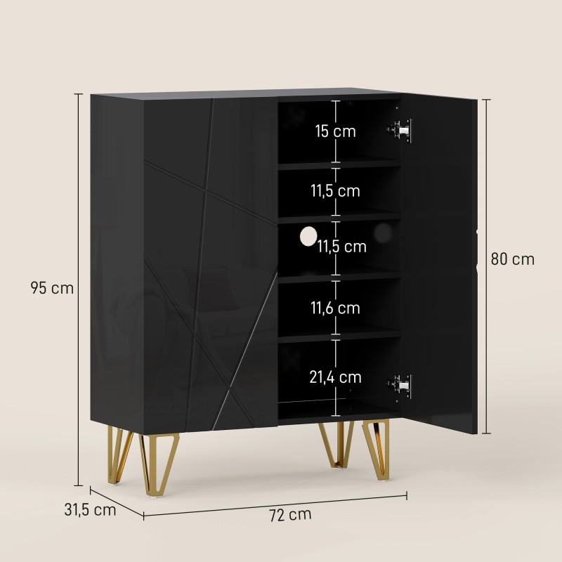 Kenkäkaappi 2-ovinen, 5 hyllyä joista 3 säädettävää, lastulevy ja teräsjalat, 72 x 31,5 x 95 cm, musta