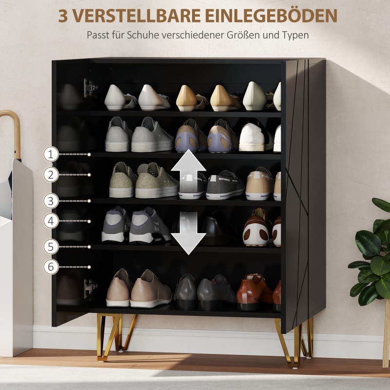 Kenkäkaappi 2-ovinen, 5 hyllyä joista 3 säädettävää, lastulevy ja teräsjalat, 72 x 31,5 x 95 cm, musta