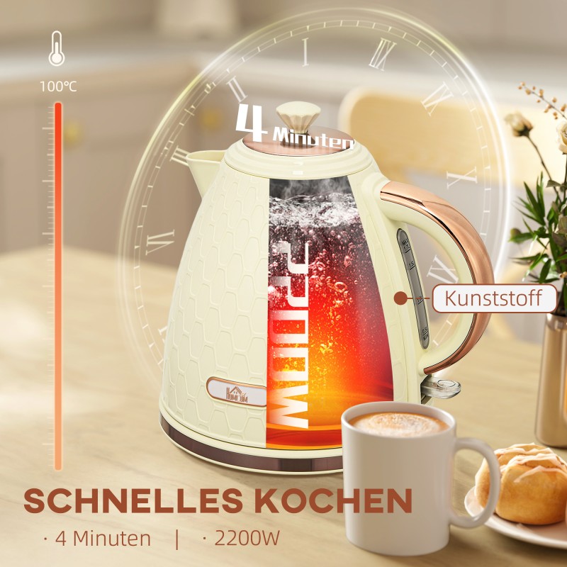 Sähkökannu 1,7 L 2200 W, läpinäkyvä vesitason ikkuna, pestävä suodatin, beige