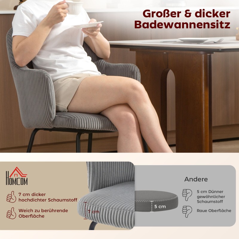 Ruokapöydän tuoli vakosamettiverhoilulla, ammemallinen istuin, metallijalat, harmaa