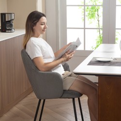 Ruokapöydän tuoli vakosamettiverhoilulla, ammemallinen istuin, metallijalat, harmaa