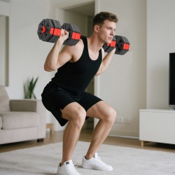 6-in-1 käsipainosetti kotiin, säädettävä 25 kg, kahvakuula- ja levytankotoiminto, punainen