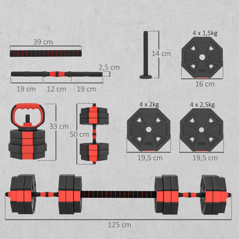 6-in-1 käsipainosetti kotiin, säädettävä 25 kg, kahvakuula- ja levytankotoiminto, punainen