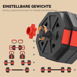 6-in-1 käsipainosetti kotiin, säädettävä 25 kg, kahvakuula- ja levytankotoiminto, punainen