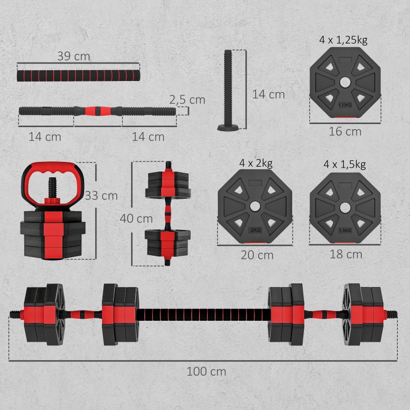 Hantelset 6-in-1 säädettävä käsipaino- ja levytankosetti 20 kg kotitreeniin, punainen