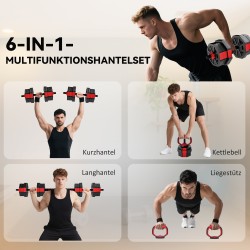 Hantelset 6-in-1 säädettävä käsipaino- ja levytankosetti 20 kg kotitreeniin, punainen