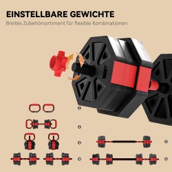Hantelset 6-in-1 säädettävä käsipaino- ja levytankosetti 20 kg kotitreeniin, punainen
