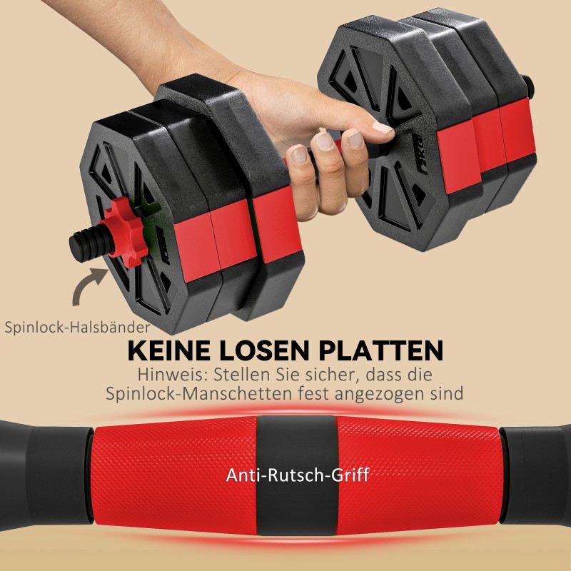 Hantelset 6-in-1 säädettävä käsipaino- ja levytankosetti 20 kg kotitreeniin, punainen