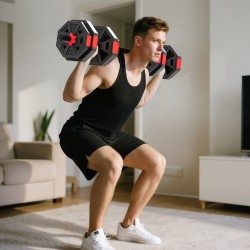 6-in-1 käsipainosetti kotitreeniin, säädettävä 15 kg lyhyt- ja pitkäpaino, kahvakuula, punainen