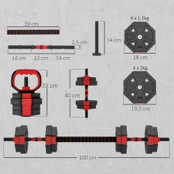 6-in-1 käsipainosetti kotitreeniin, säädettävä 15 kg lyhyt- ja pitkäpaino, kahvakuula, punainen