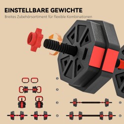 6-in-1 käsipainosetti kotitreeniin, säädettävä 15 kg lyhyt- ja pitkäpaino, kahvakuula, punainen