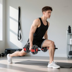 6-in-1 käsipainosetti kotitreeniin, säädettävä 15 kg lyhyt- ja pitkäpaino, kahvakuula, punainen