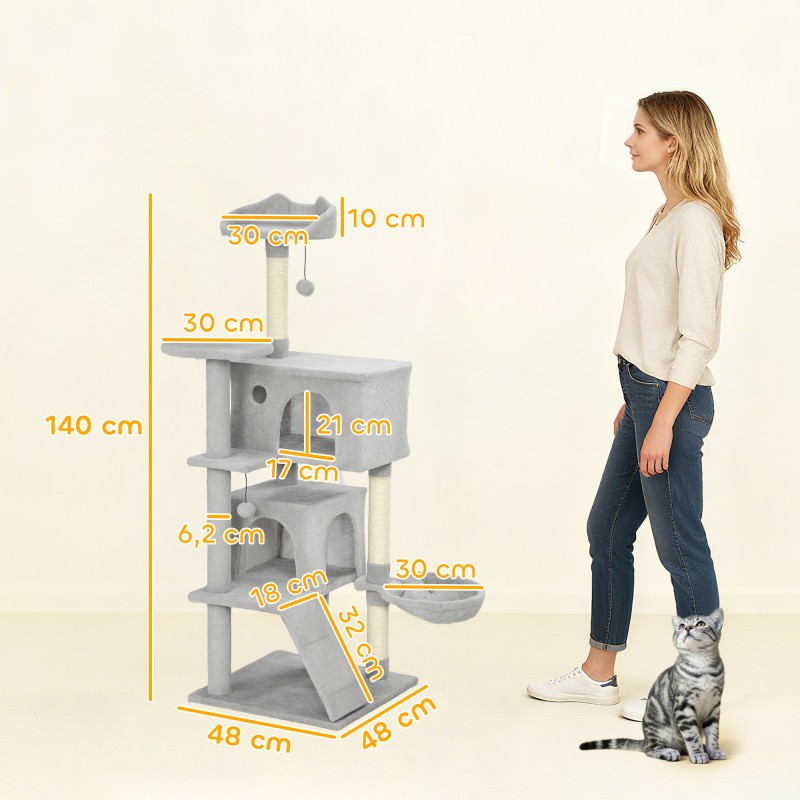 Kissan raapimapuu sisal-pylväillä, useita tasoja ja kolopaikkoja, 140 cm, vaaleanharmaa/cream