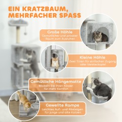 Kissan raapimapuu sisal-pylväillä, useita tasoja ja kolopaikkoja, 140 cm, vaaleanharmaa/cream