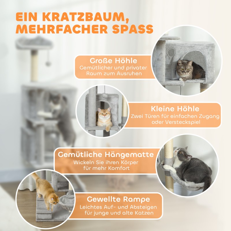 Kissan raapimapuu sisal-pylväillä, useita tasoja ja kolopaikkoja, 140 cm, vaaleanharmaa/cream