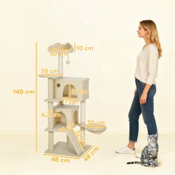 Kissan kiipeilypuu sisal-tolpilla 140 cm, hyllyt, tikkaat, riippumatto ja kolot, beige