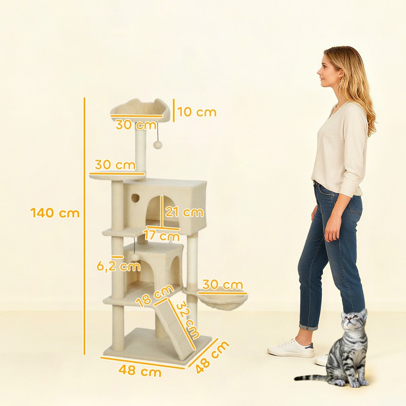 Kissan kiipeilypuu sisal-tolpilla 140 cm, hyllyt, tikkaat, riippumatto ja kolot, beige