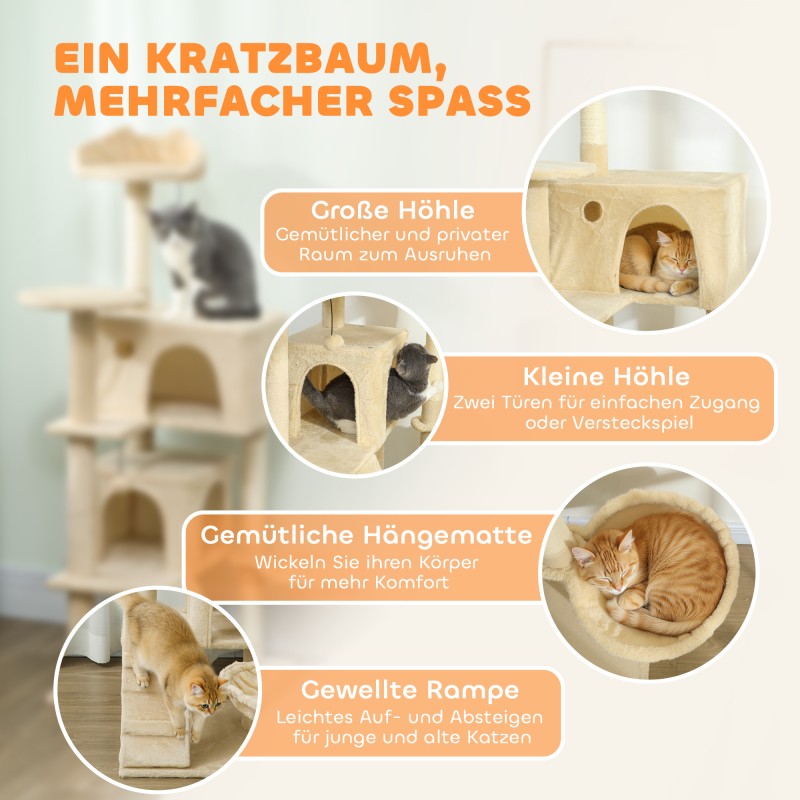 Kissan kiipeilypuu sisal-tolpilla 140 cm, hyllyt, tikkaat, riippumatto ja kolot, beige