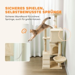 Kissan kiipeilypuu sisal-tolpilla 140 cm, hyllyt, tikkaat, riippumatto ja kolot, beige