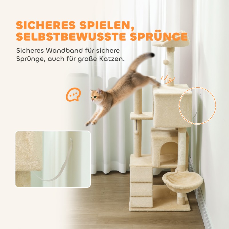 Kissan kiipeilypuu sisal-tolpilla 140 cm, hyllyt, tikkaat, riippumatto ja kolot, beige