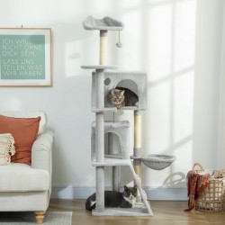 Kissan raapimis- ja kiipeilypuu 160 cm, sisalpylväät, monitasoinen, vaaleanharmaa/kerma
