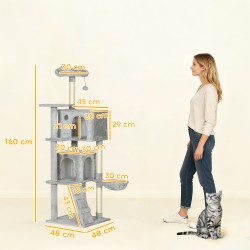 Kissan raapimis- ja kiipeilypuu 160 cm, sisalpylväät, monitasoinen, vaaleanharmaa/kerma