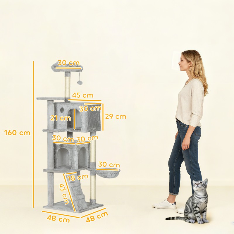 Kissan raapimis- ja kiipeilypuu 160 cm, sisalpylväät, monitasoinen, vaaleanharmaa/kerma