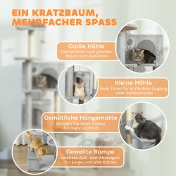 Kissan raapimis- ja kiipeilypuu 160 cm, sisalpylväät, monitasoinen, vaaleanharmaa/kerma