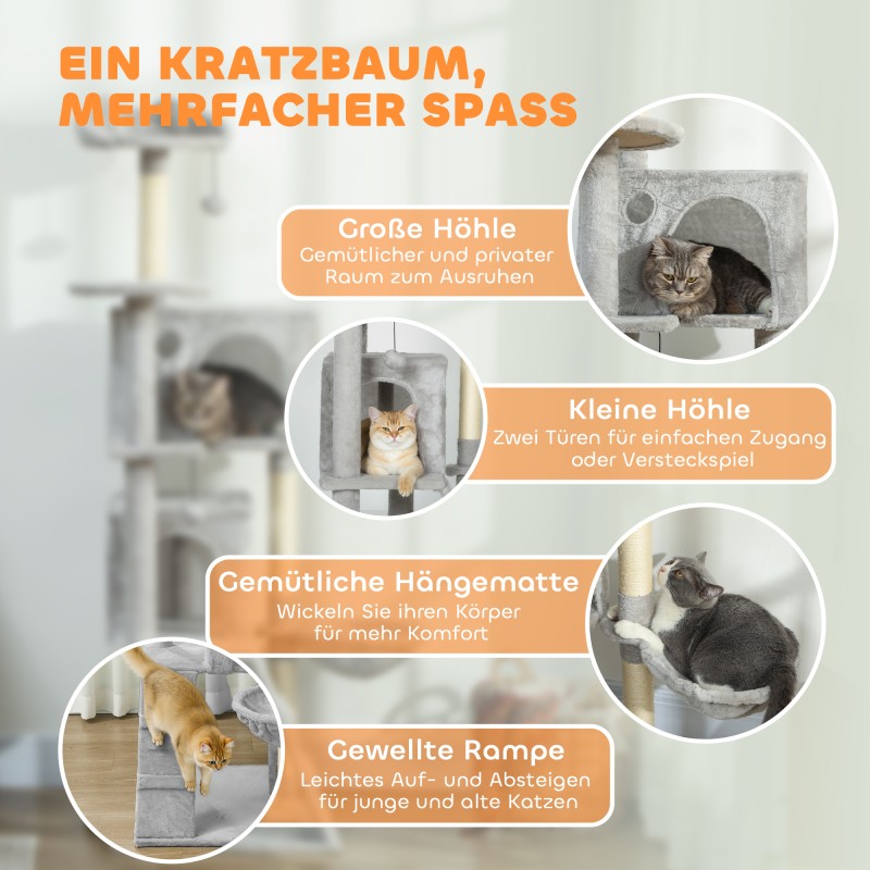 Kissan raapimis- ja kiipeilypuu 160 cm, sisalpylväät, monitasoinen, vaaleanharmaa/kerma