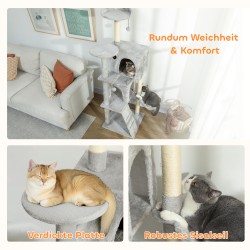 Kissan raapimis- ja kiipeilypuu 160 cm, sisalpylväät, monitasoinen, vaaleanharmaa/kerma