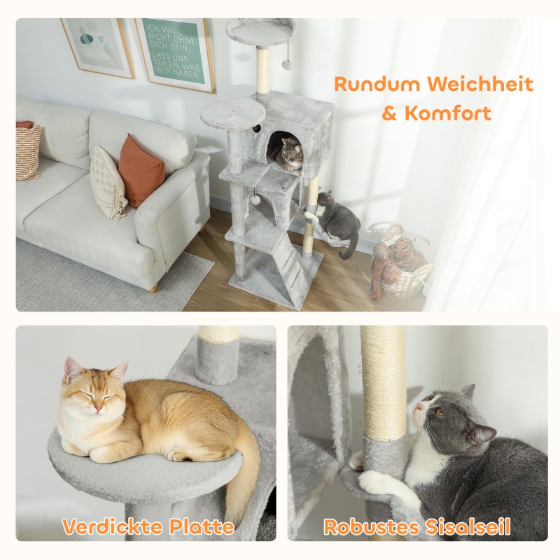 Kissan raapimis- ja kiipeilypuu 160 cm, sisalpylväät, monitasoinen, vaaleanharmaa/kerma