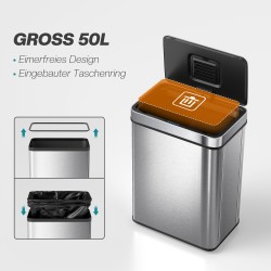 Automaattinen roskakori liikesensorilla, ruostumaton teräs, 50 L, hopea
