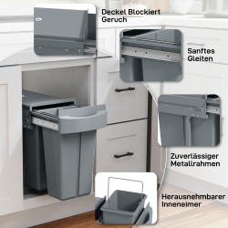 Ulosvedettävä kaappiin asennettava jäteastia 30 l (20+10 l), 2 sisäastiaa, metalli/muovi, harmaa