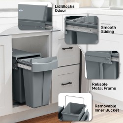 Ulosvedettävä kaappiin asennettava jäteastia 30 l (20+10 l), 2 sisäastiaa, metalli/muovi, harmaa