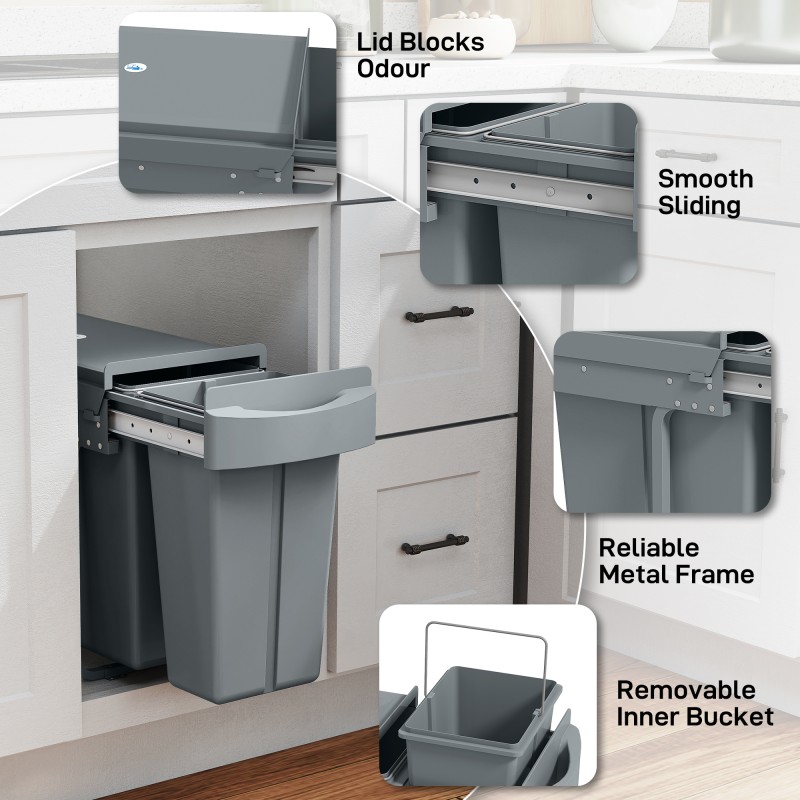 Ulosvedettävä kaappiin asennettava jäteastia 30 l (20+10 l), 2 sisäastiaa, metalli/muovi, harmaa