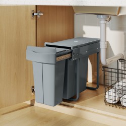 Ulosvedettävä kaappiin asennettava jäteastia 30 l (20+10 l), 2 sisäastiaa, metalli/muovi, harmaa