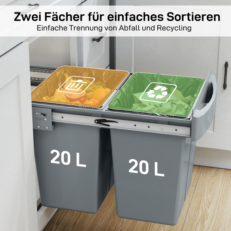 Ulosvedettävä kaappiin asennettava jätevaunu 2 x 20 L, muovi ja metalli, harmaa