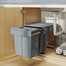 Ulosvedettävä kaappiin asennettava jätevaunu 2 x 20 L, muovi ja metalli, harmaa