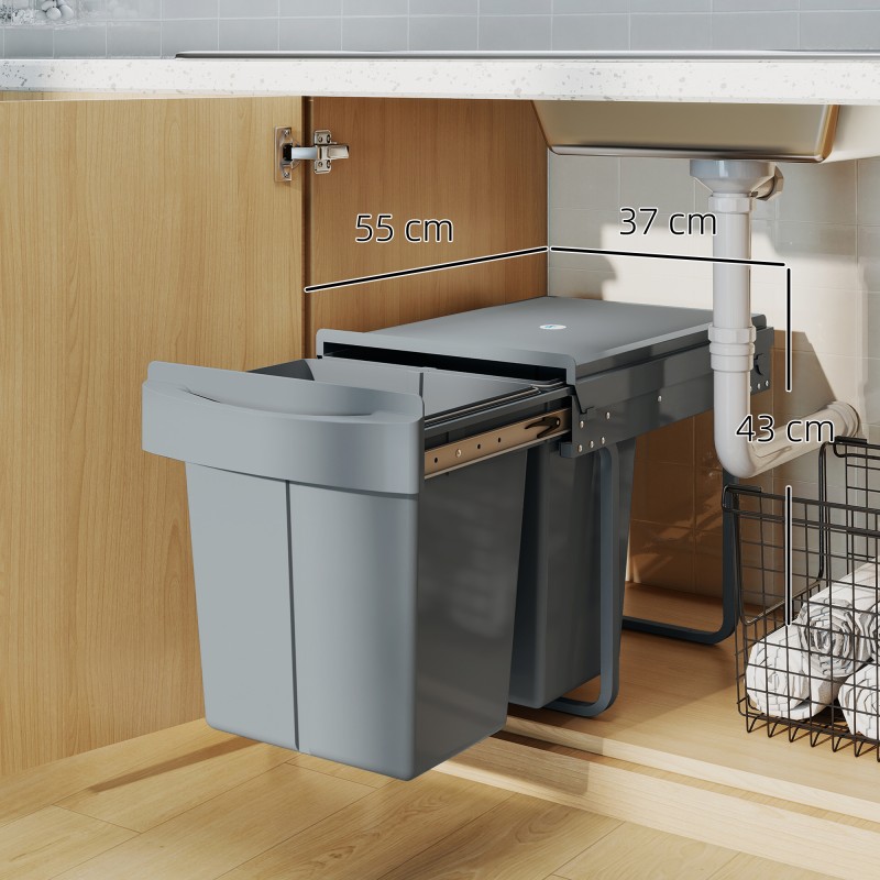 Ulosvedettävä kaappiin asennettava jätevaunu 2 x 20 L, muovi ja metalli, harmaa