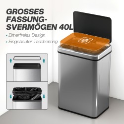 Sensorillinen roska-astia keittiöön 40 l ruostumaton teräs soft-close 35,5 x 26 x 55 cm hopea/musta