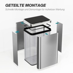 Sensorillinen roska-astia keittiöön 40 l ruostumaton teräs soft-close 35,5 x 26 x 55 cm hopea/musta